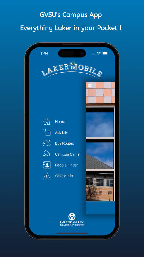 A mobile phone screen displaying the GVSU “Laker Mobile” campus app with a blue background, the “LAKER MOBILE” logo.